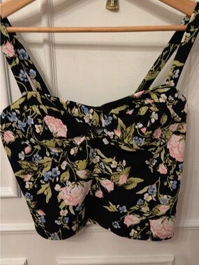 Leith Black Floral Sweetheart Crop Top with Pink & Blue Blooms
